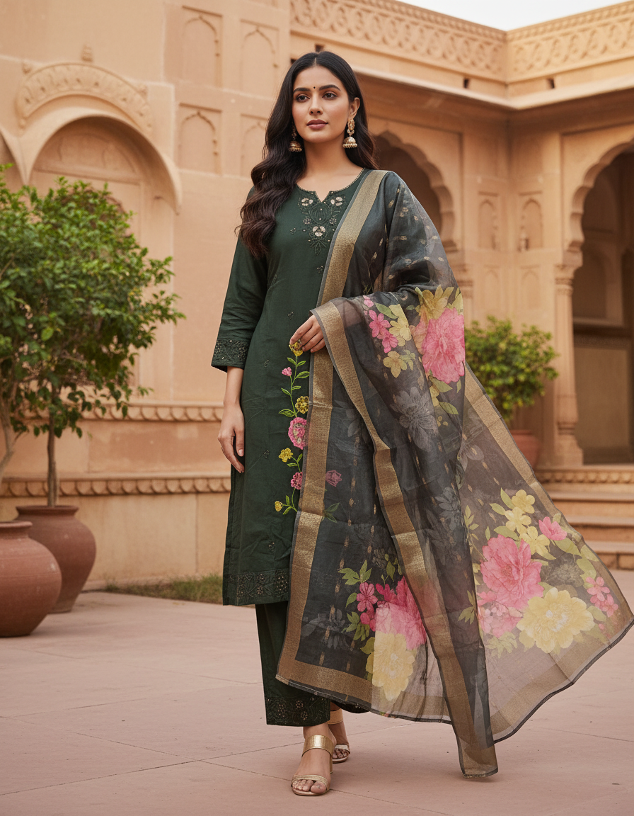 Cotton Ebroidery( kurti+ pant)Dupatta Set